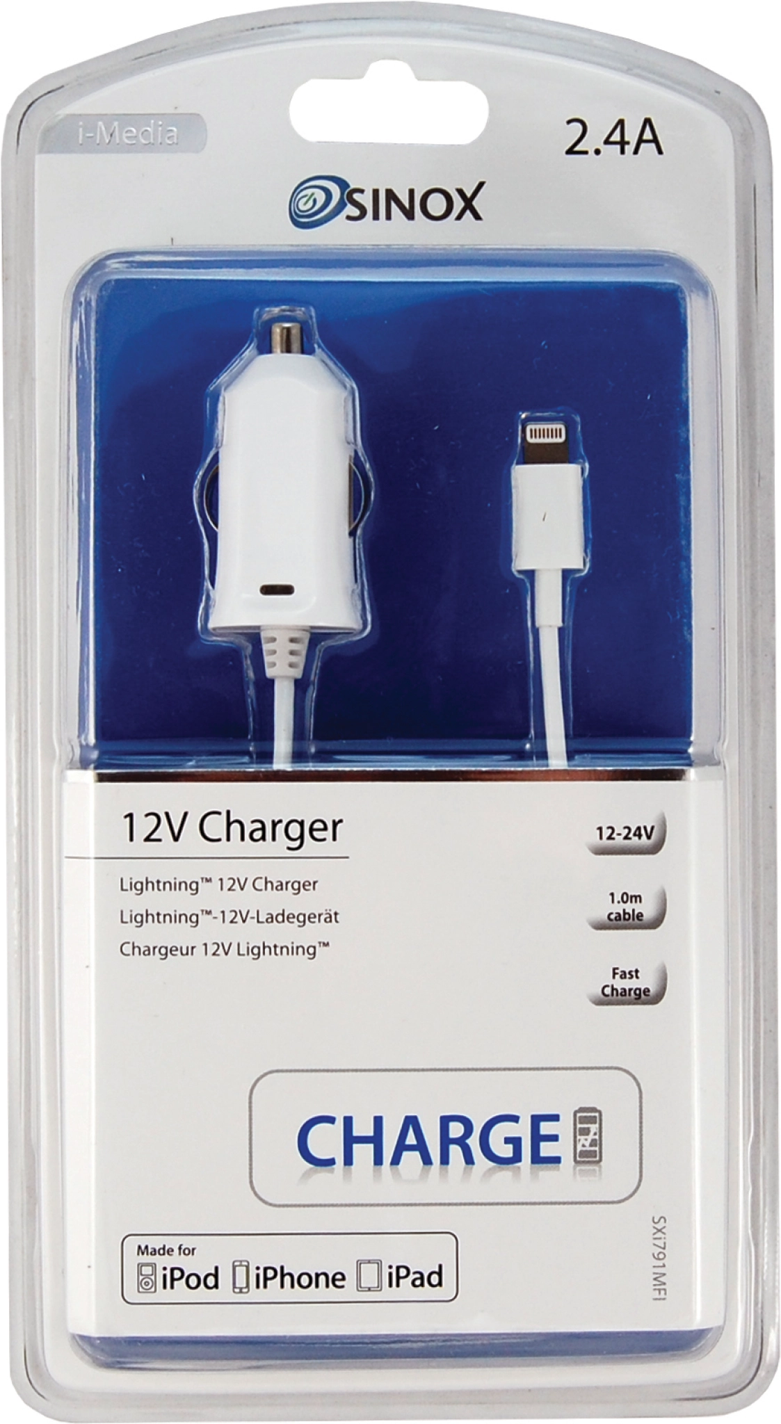 Sinox 12V Car Charger w/Lightning+MFI chip plug 2.4A. 1m. White