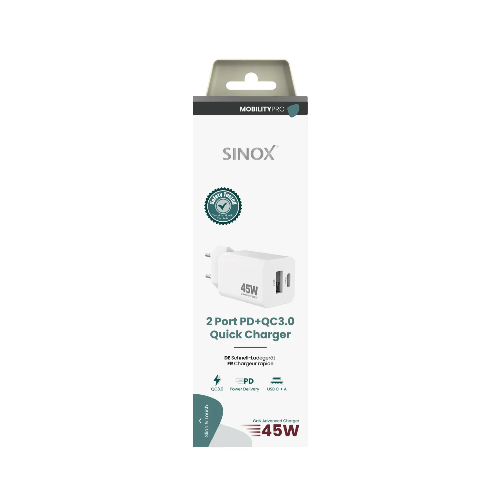 Sinox PRO Wall Charger USB-A+USB-C PD 45W. White