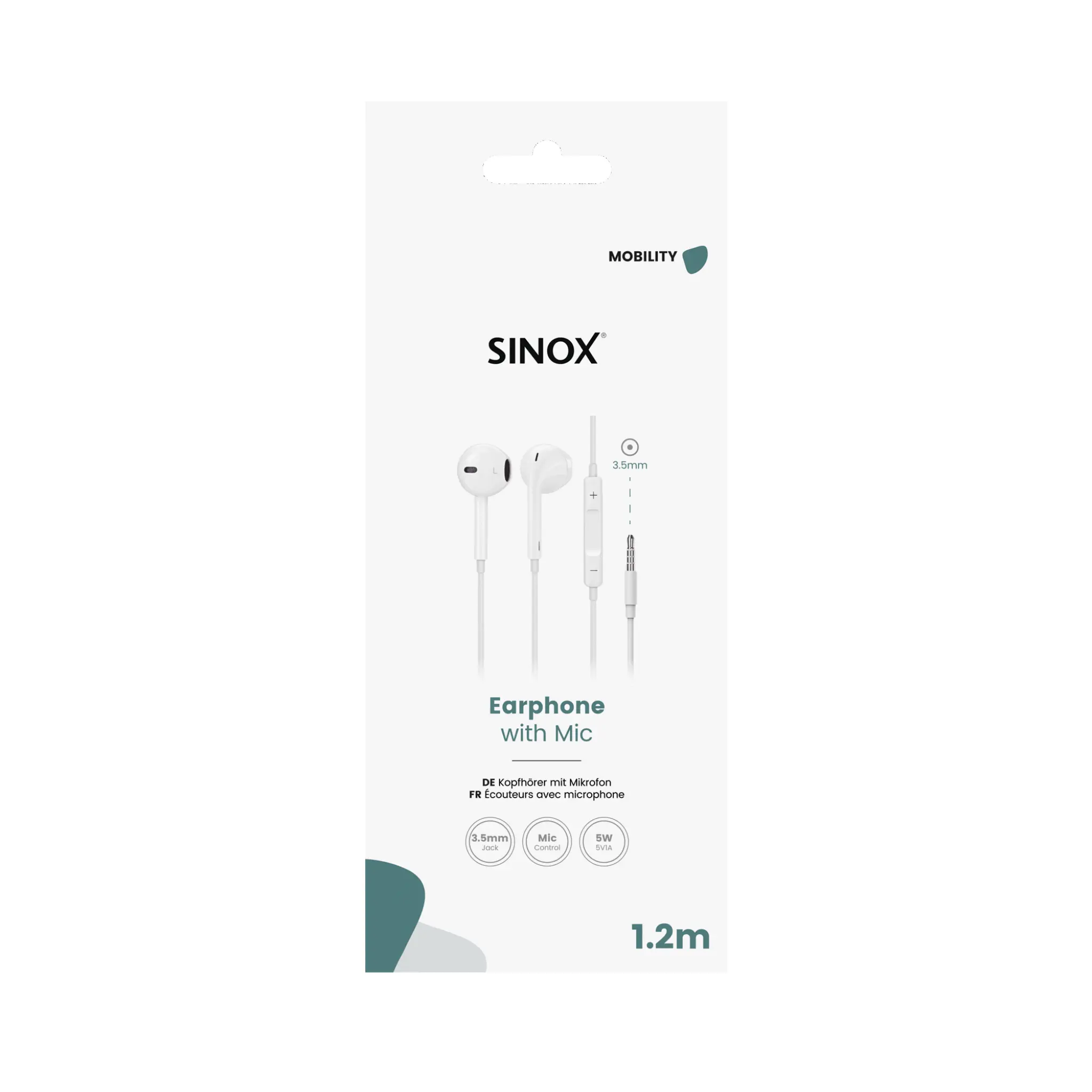 Sinox in-ear headphones 3.5mm with microphone. White