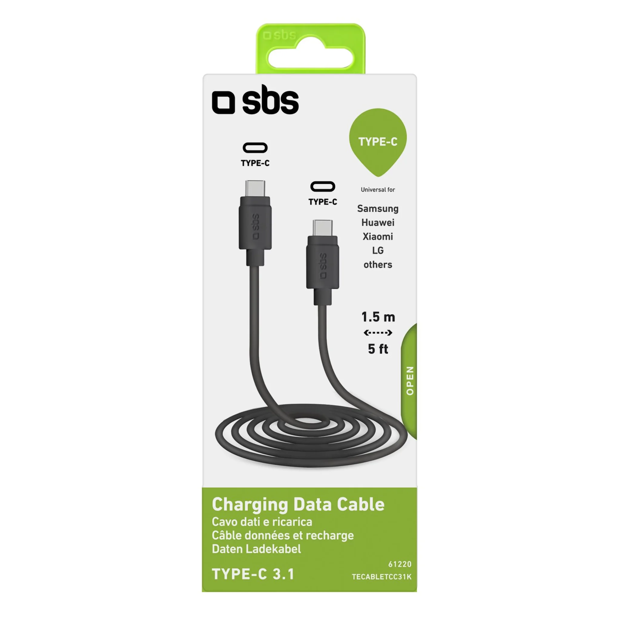 SBS USB C 3.1 Cable. 1.5m. Black