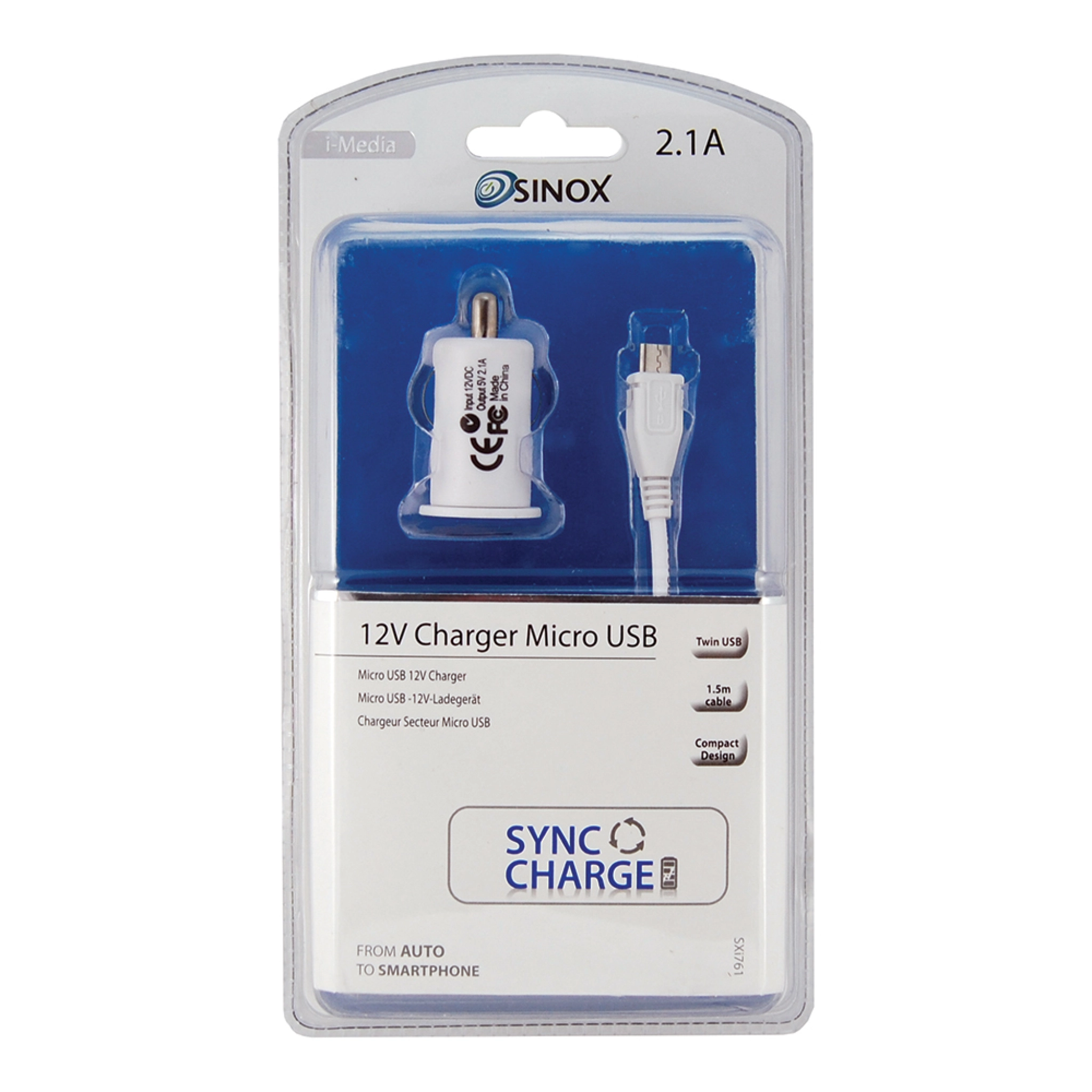 Sinox 12V USB A Car Charger w/Micro USB cable. 2.4A. 1.5m. White