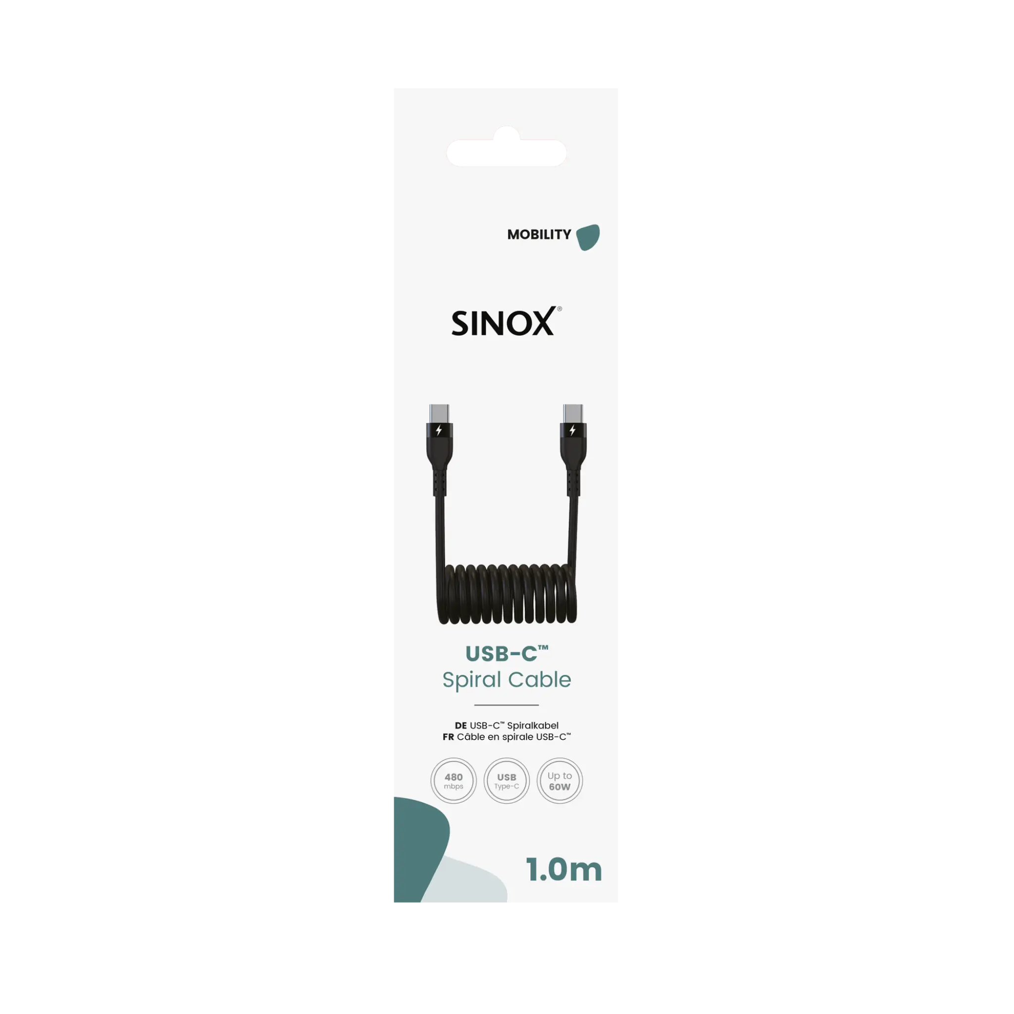 Sinox USB C Spiral Cable. 1m. Black