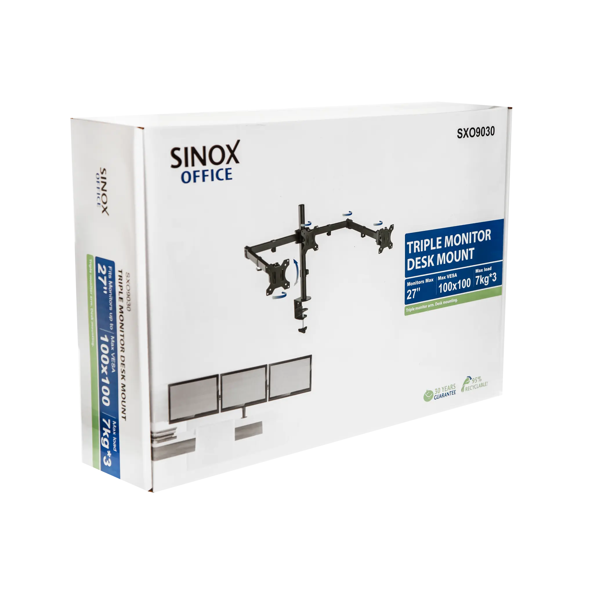 Sinox Office Tripple Monitor Desk Mount. Up to 27". Black