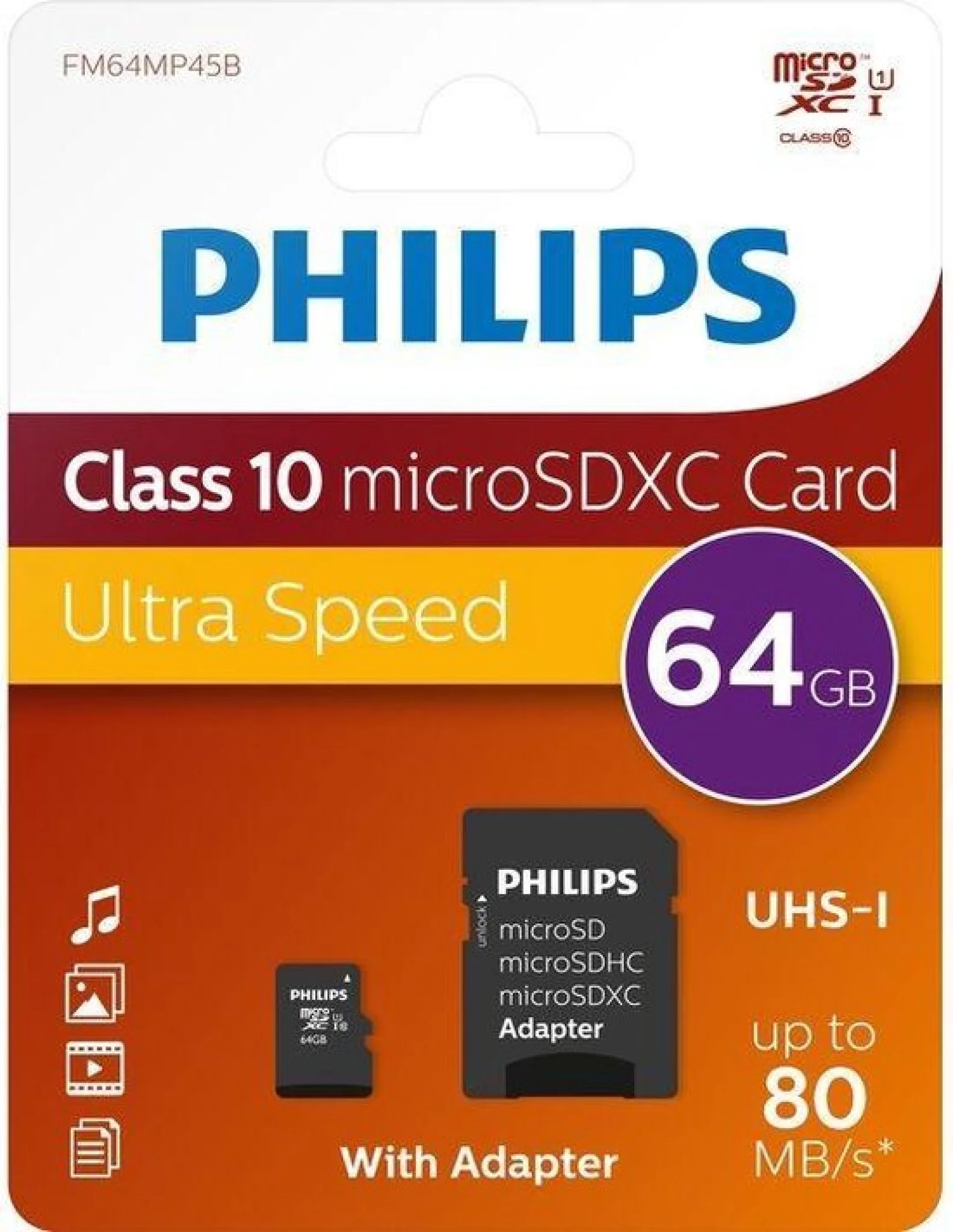 Philips Micro SDXC kort. 64GB klasse 10 UHS-I U1