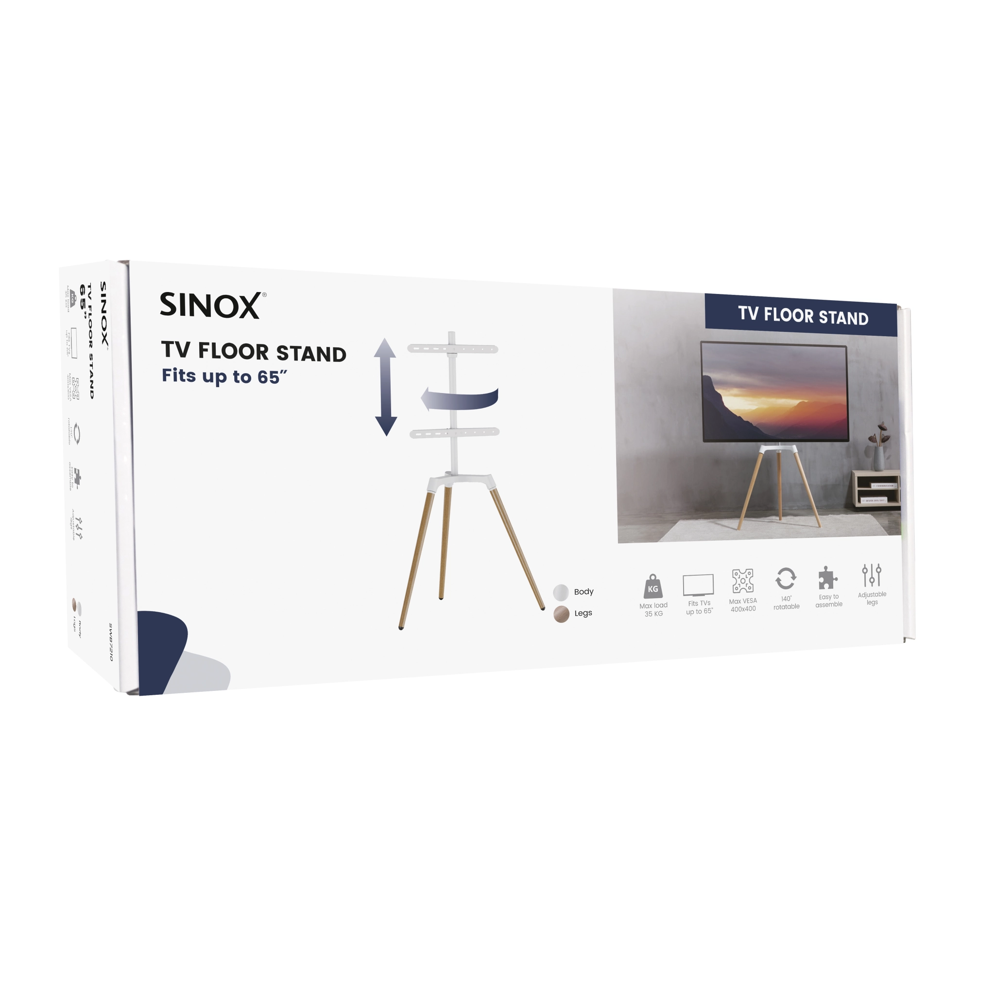 Sinox Tripod TV Floor Stand. 50"-65". White & Beech