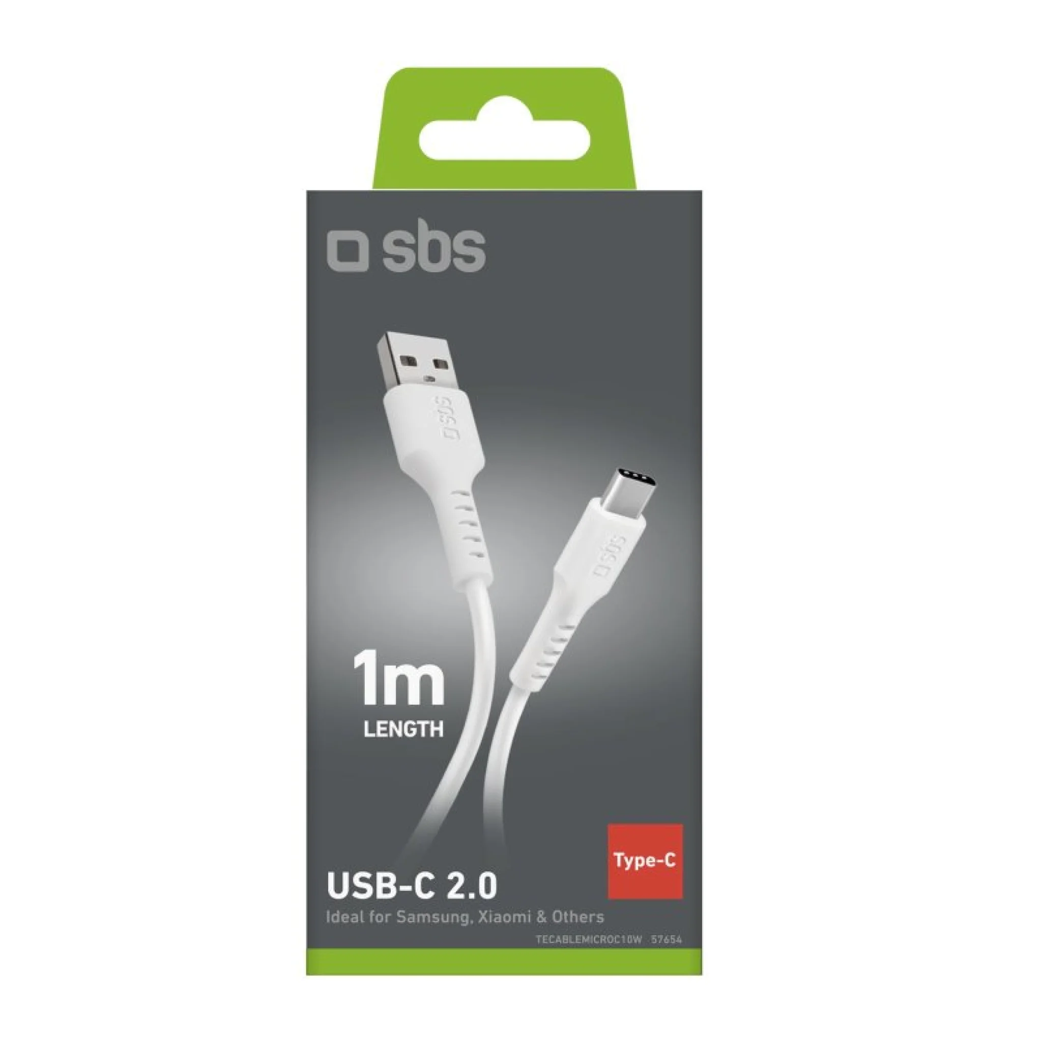 SBS 1-metre USB-A to USB-C data and charging cable. White
