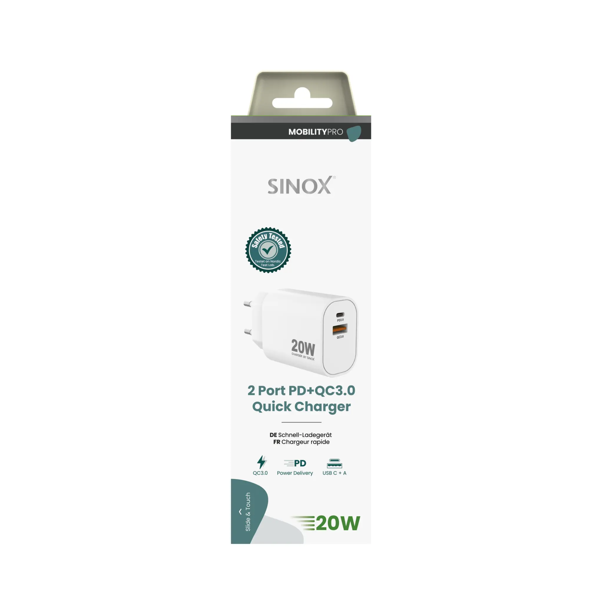 Sinox PRO Wall Charger USB-A+USB-C 20W. White