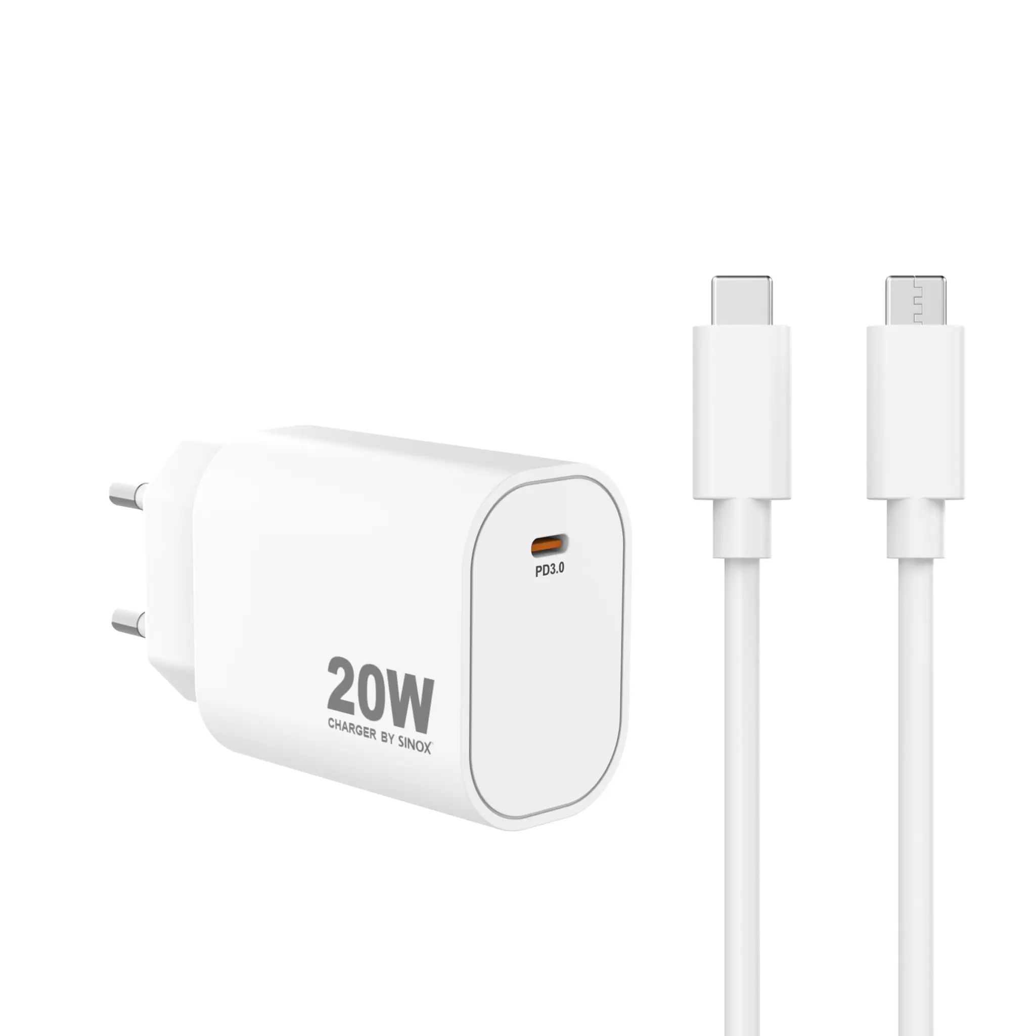 Sinox PRO Wall Charger USB-C PD 20W w/USB-C Cable. White