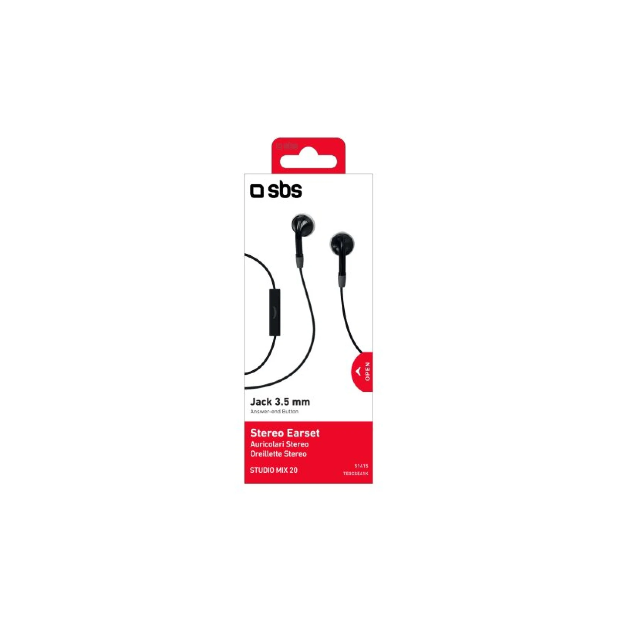 SBS Earset wired stereo Duo, jack 3,5 mm with microphone and answer button. Black