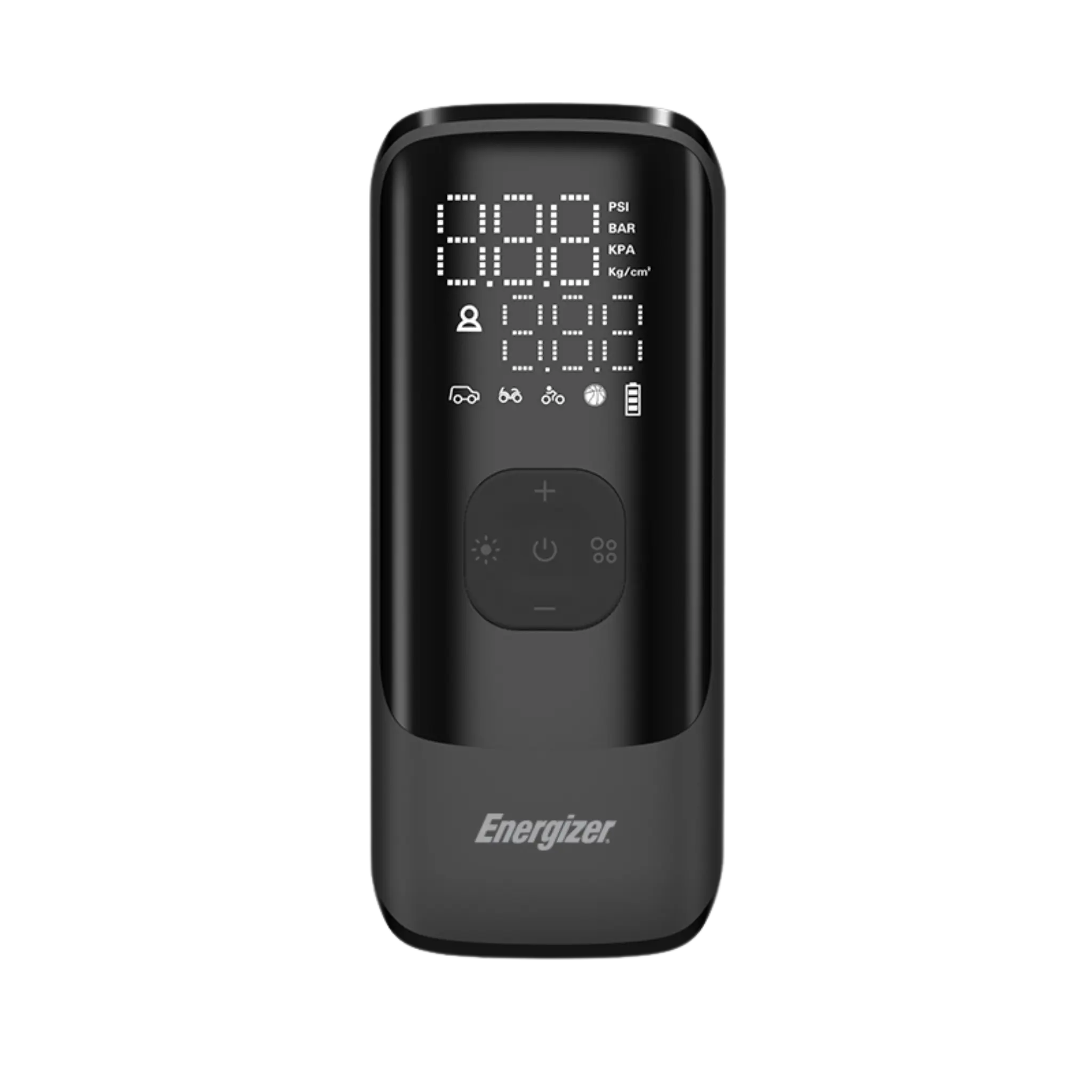 Energizer højtydende dækpumpe med 150 PSI max tryk. Sort