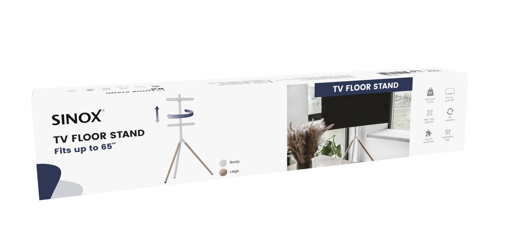 Sinox Tripod TV Floor Stand. 45"-65". White & Beech