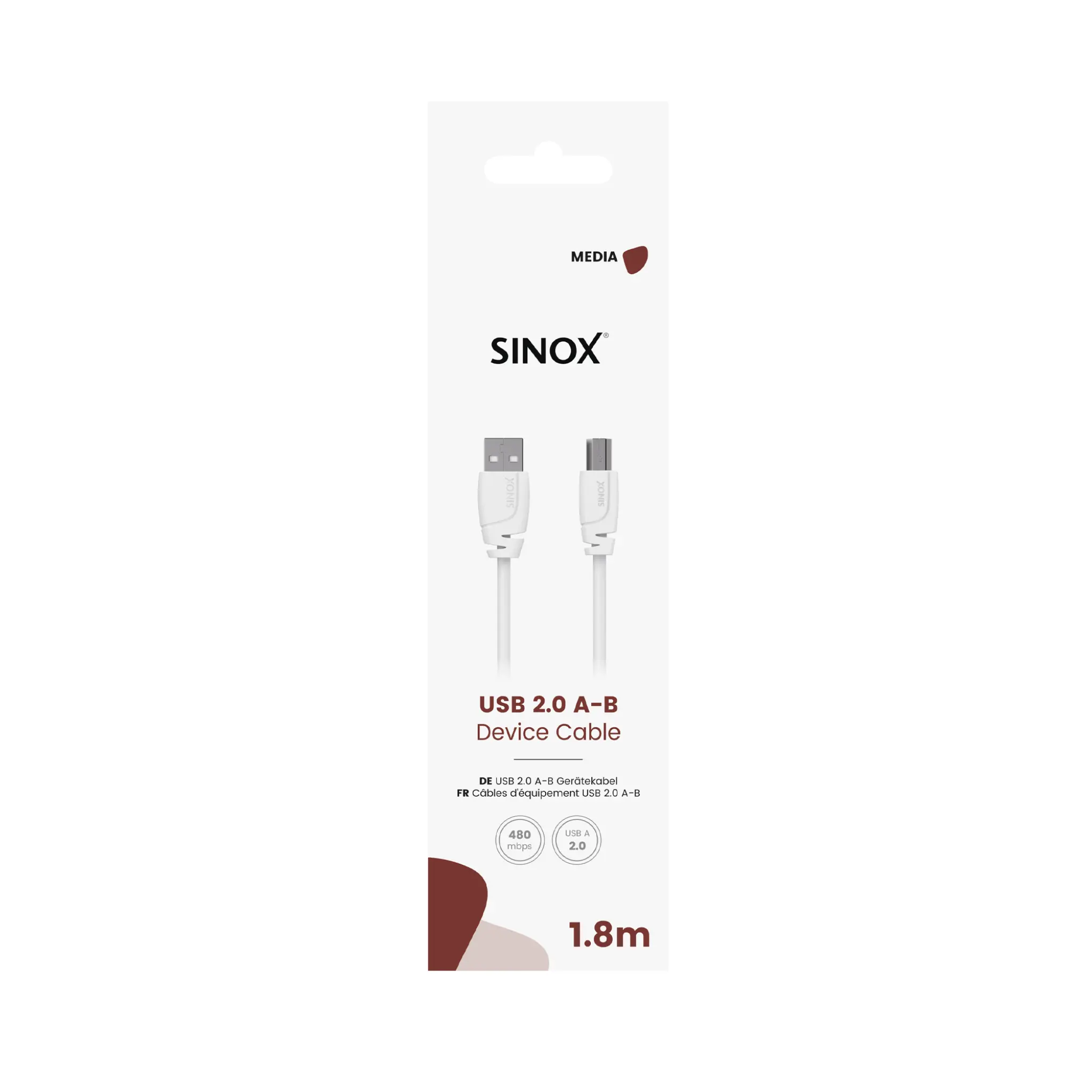 Sinox USB 2.0 Cable. 1.8m. White