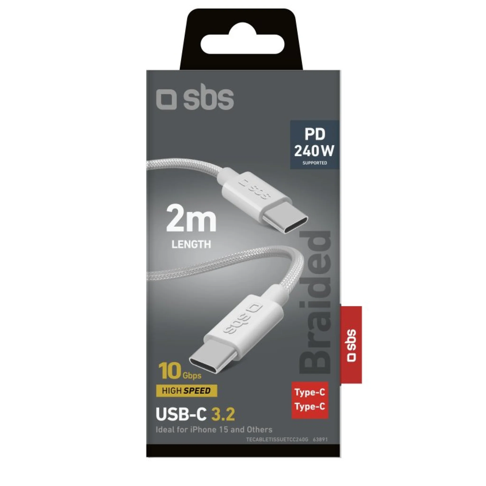 SBS USB-C 3.2 charging and data cable compatible with 240W PD. 2m. White