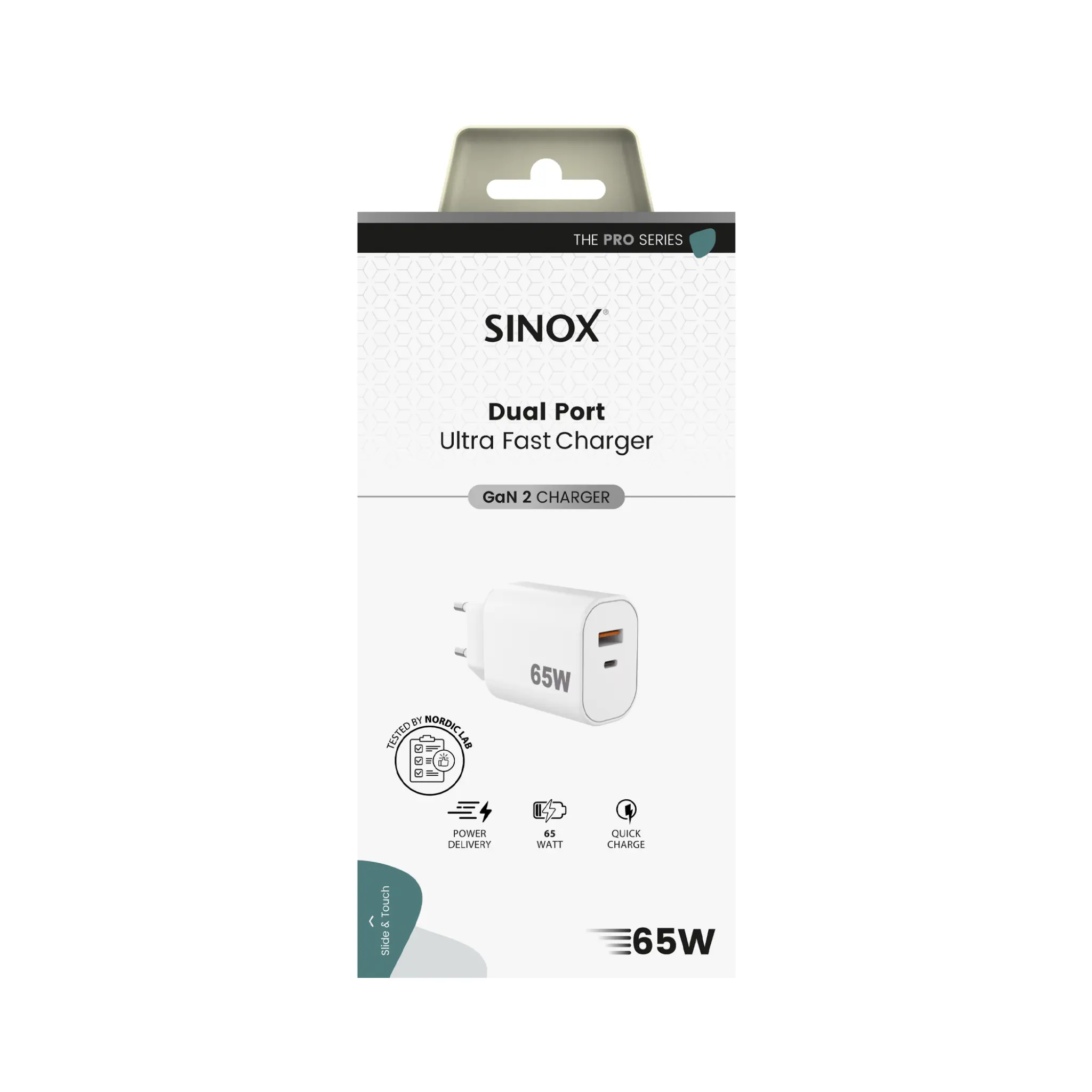 Sinox PRO 230V USB-A+USB-C PD oplader 65W. Hvid
