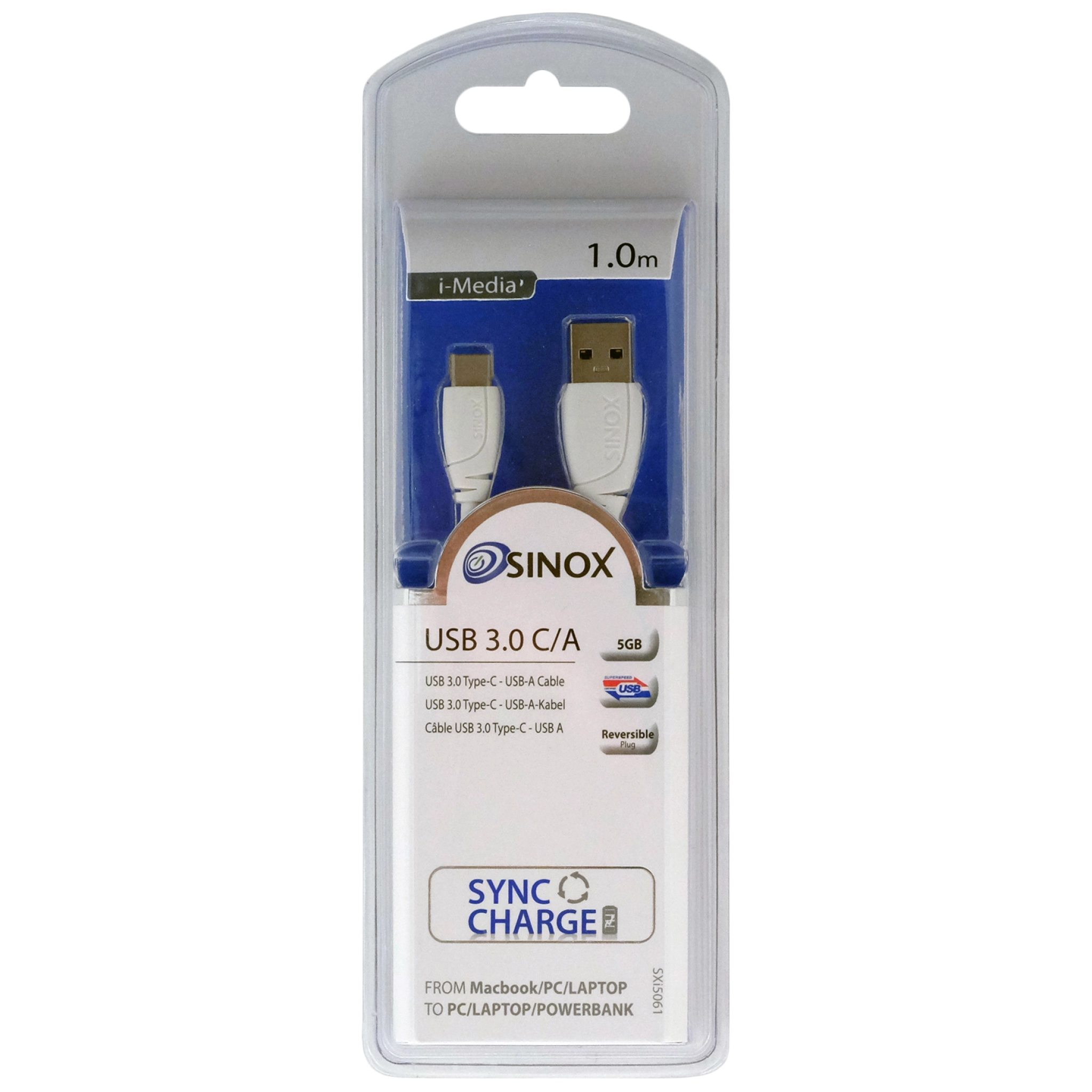 Sinox USB C to USB A Cable. 1m. White