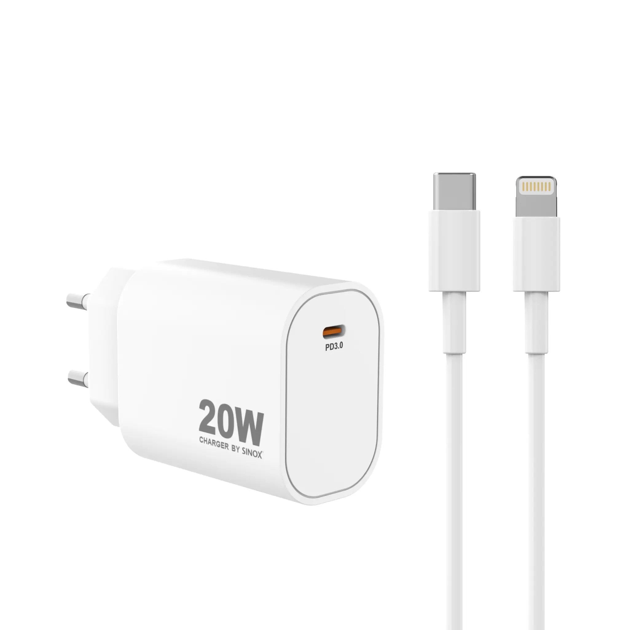 Sinox PRO Wall Charger USB-C PD 20W w/Lightning Cable. White