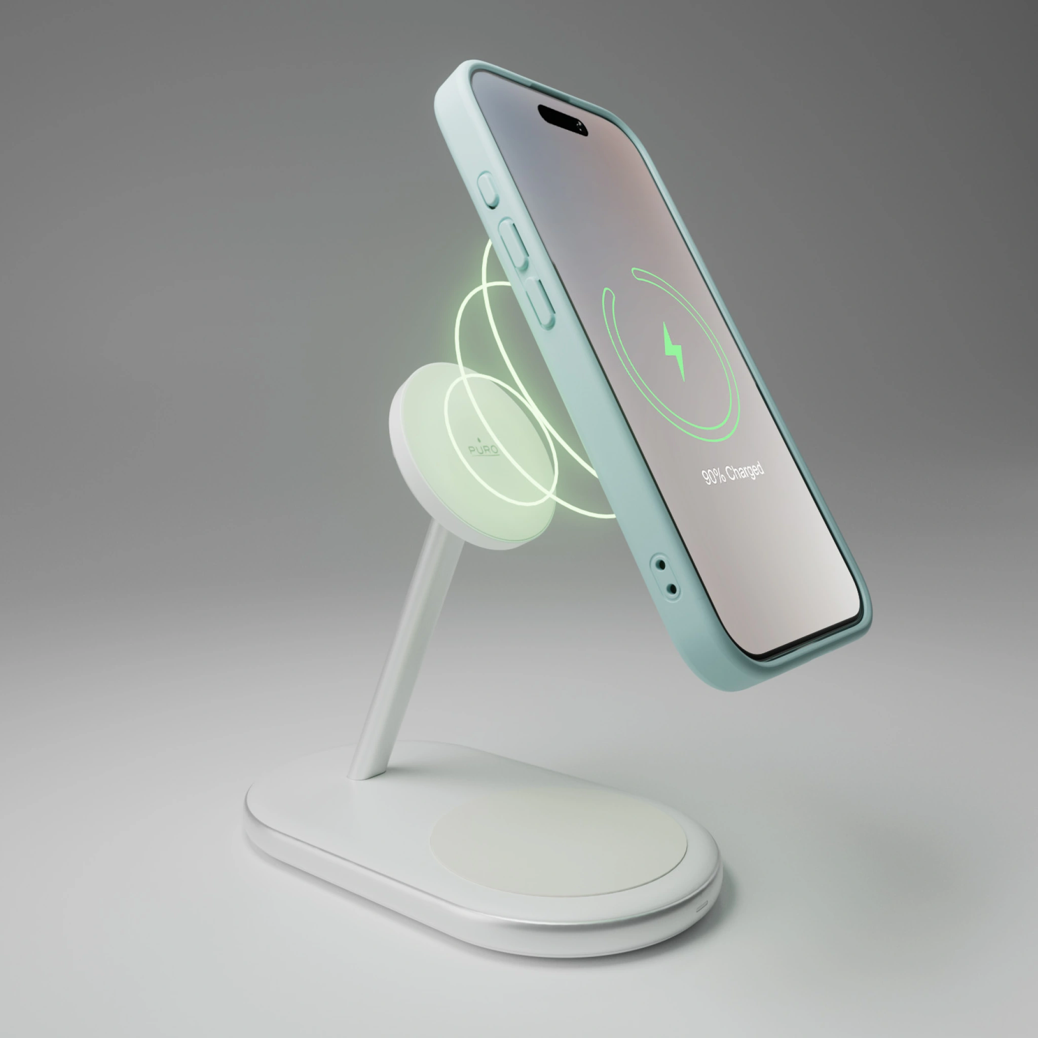 PURO 2-i-1 opladningsstation med Qi2-teknologi.