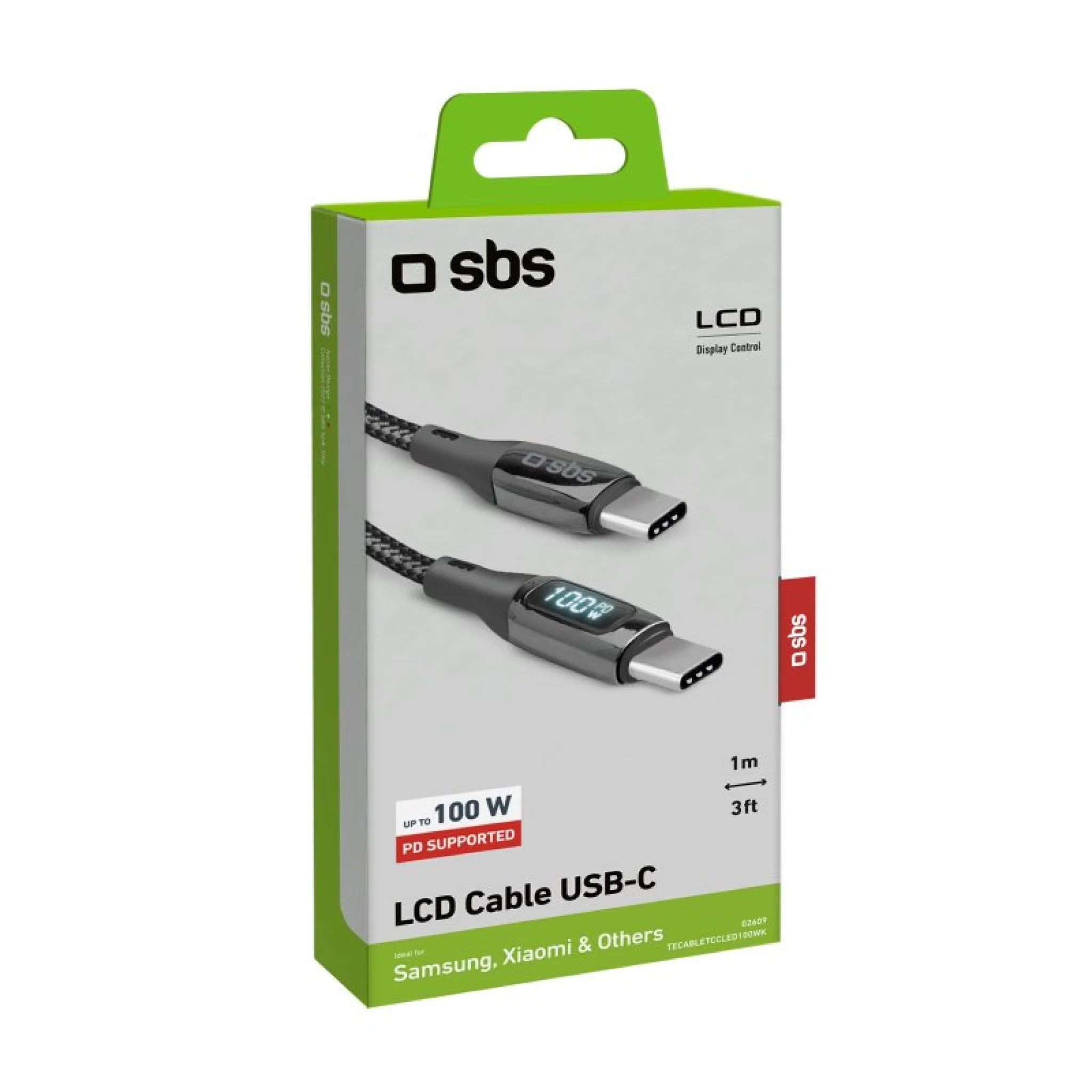 SBS USB-C to USB-C data and charging cable with LCD display. Black