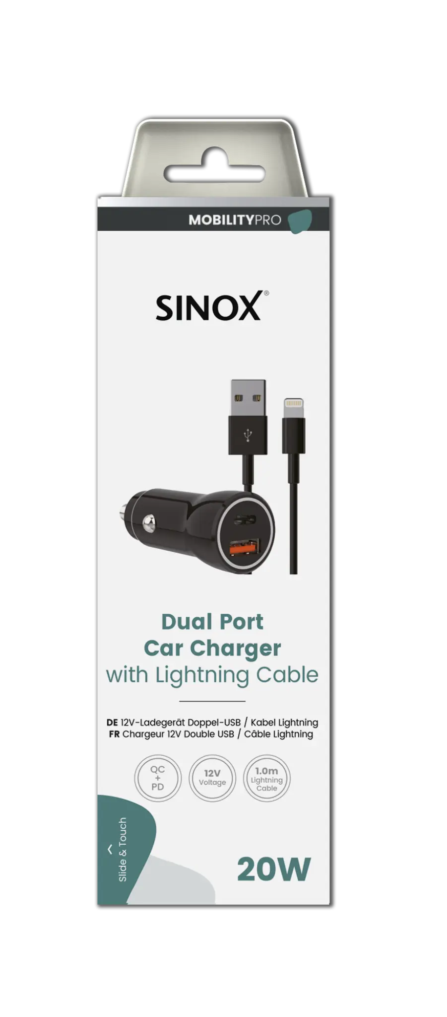 Sinox 12V Double Car Charger. USB A 18W + USB C 20W. Black