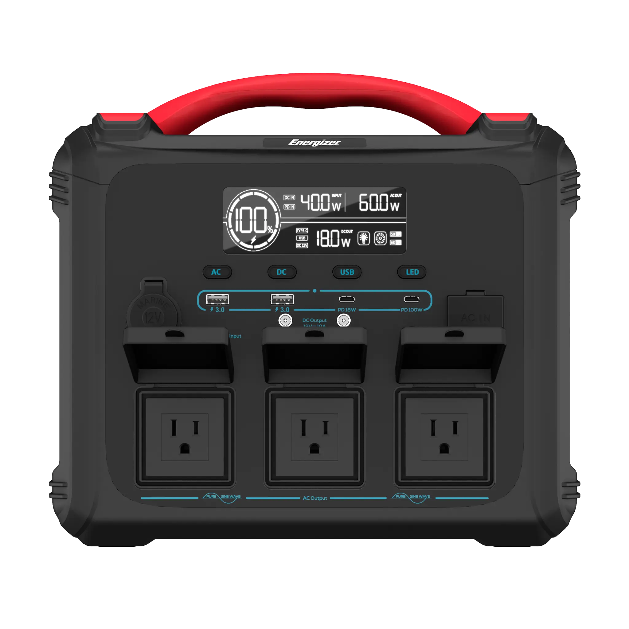 Energizer 1102Wh bærbart kraftværk med 2400W. Sort