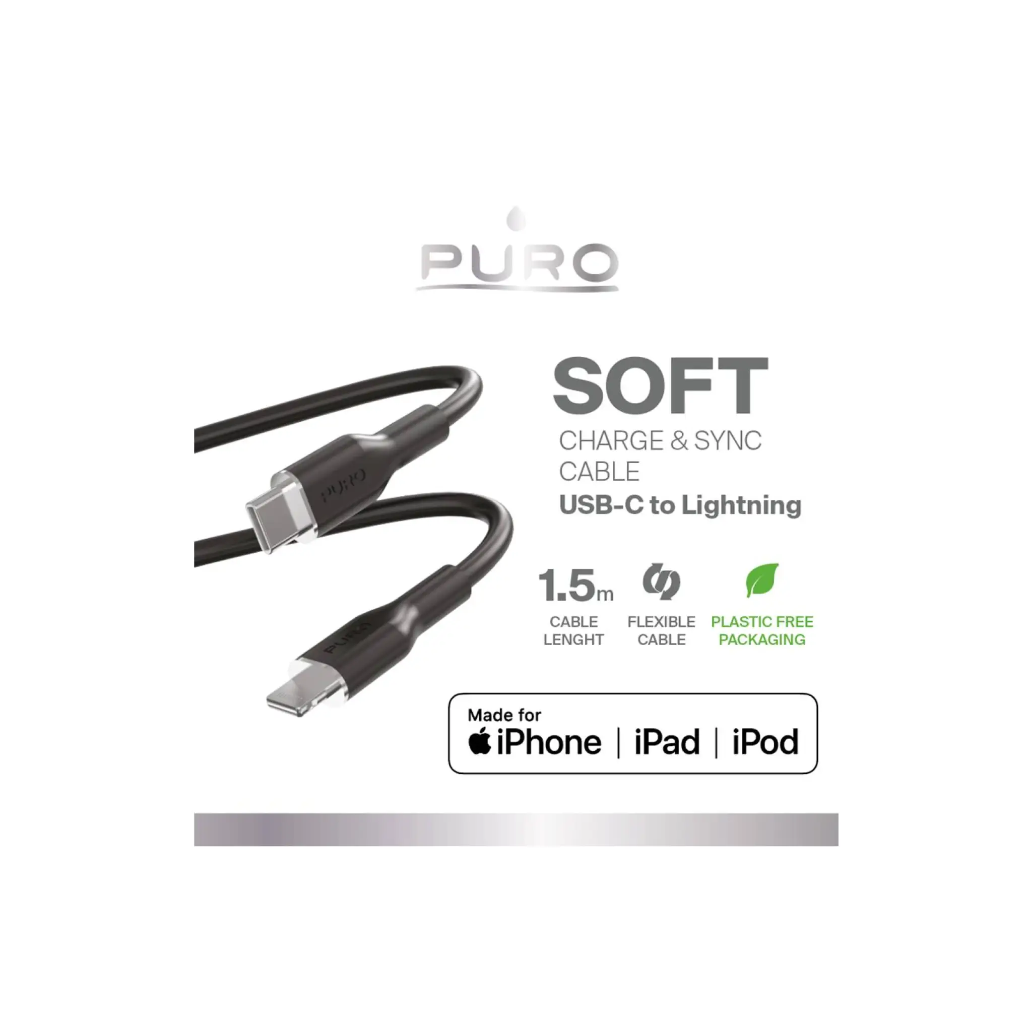 PURO Power And Data Sync SOFT Cable From USB-C To Lightning 1,5m