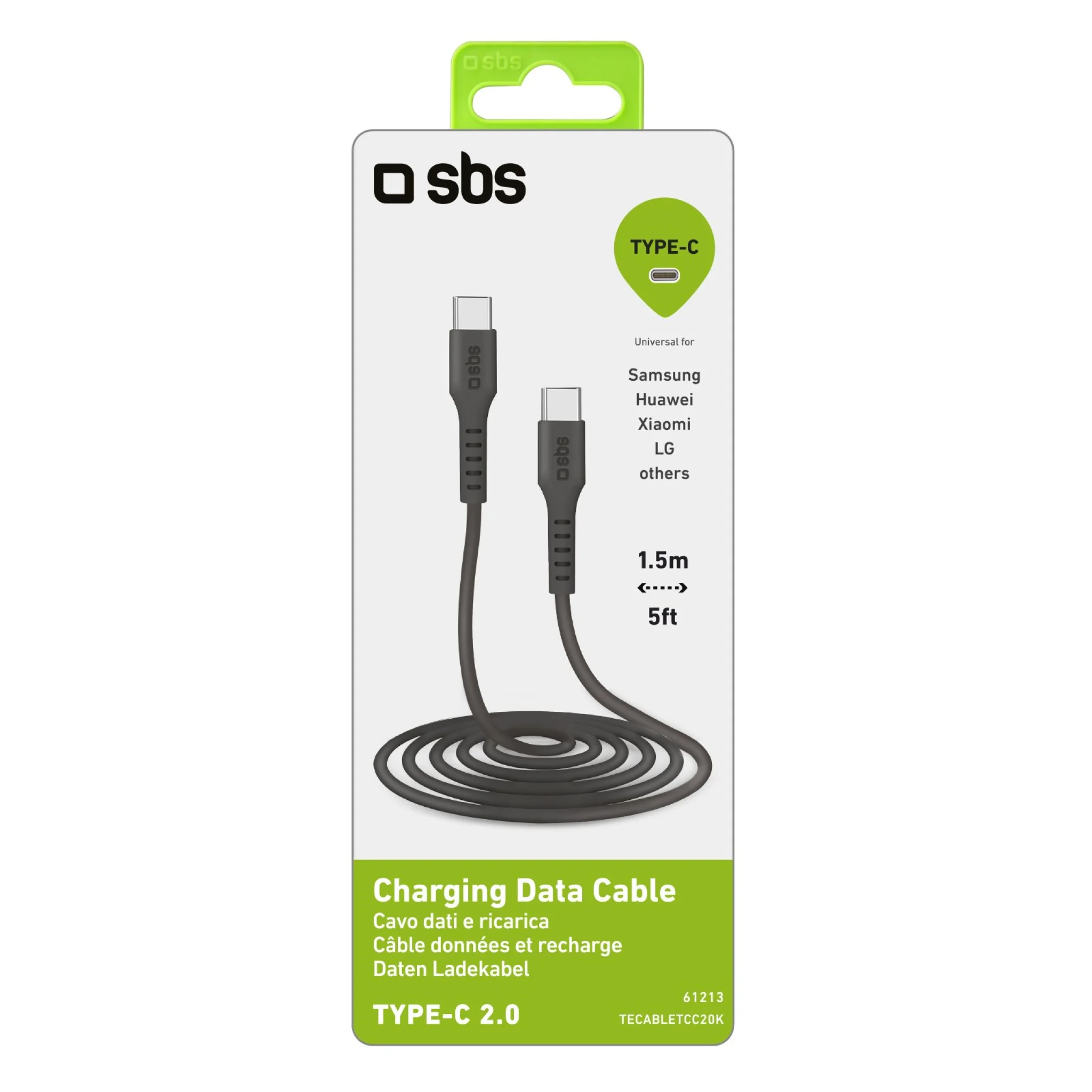 SBS USB C 2.0 Cable. 1.5m. Black