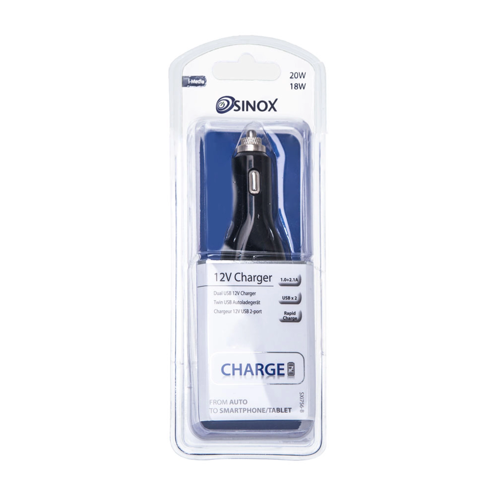 Sinox 12V Double USB A Car Charger. 1.0+2.1A. Black