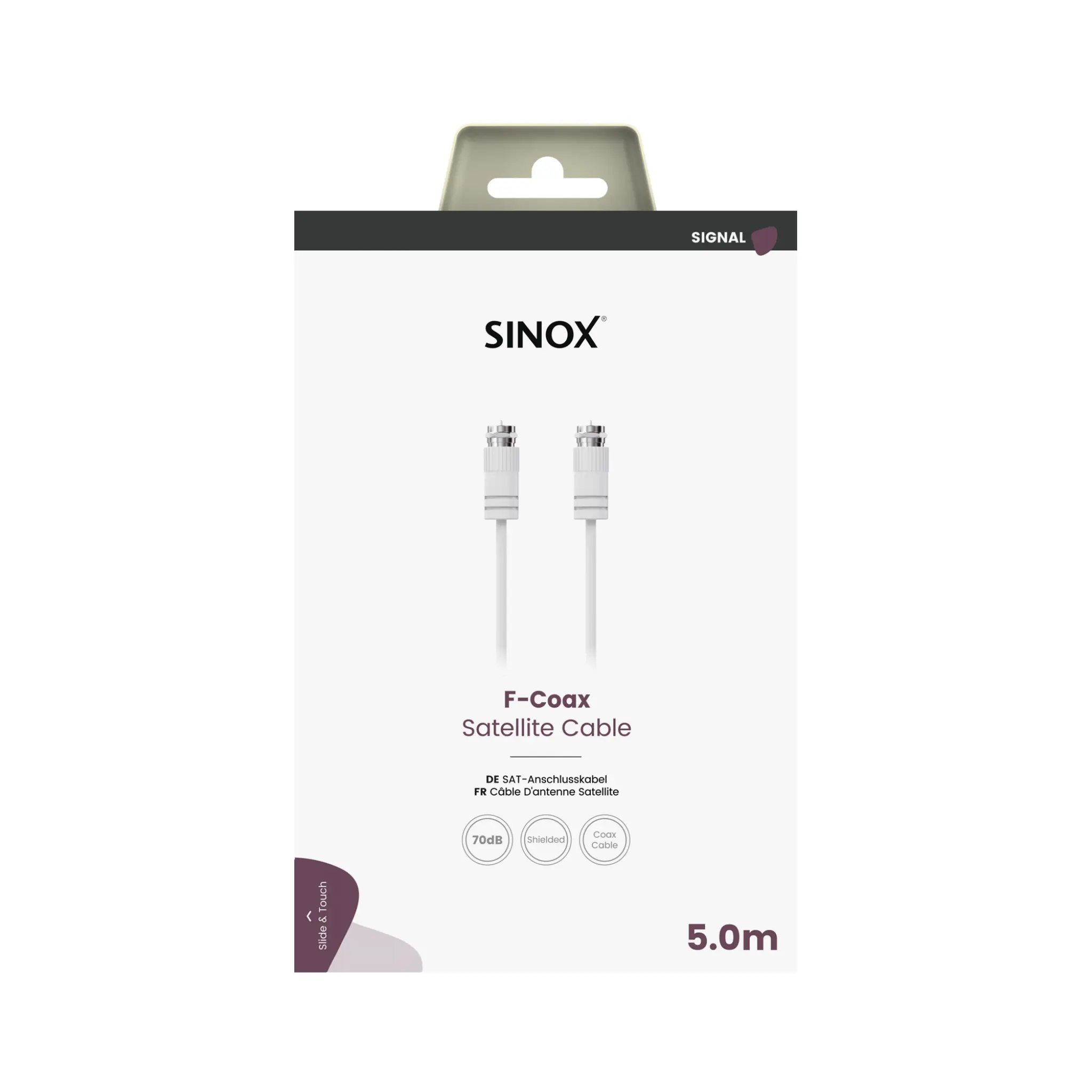 Sinox Antenna Cable with Coax and F Connector. 5m. White