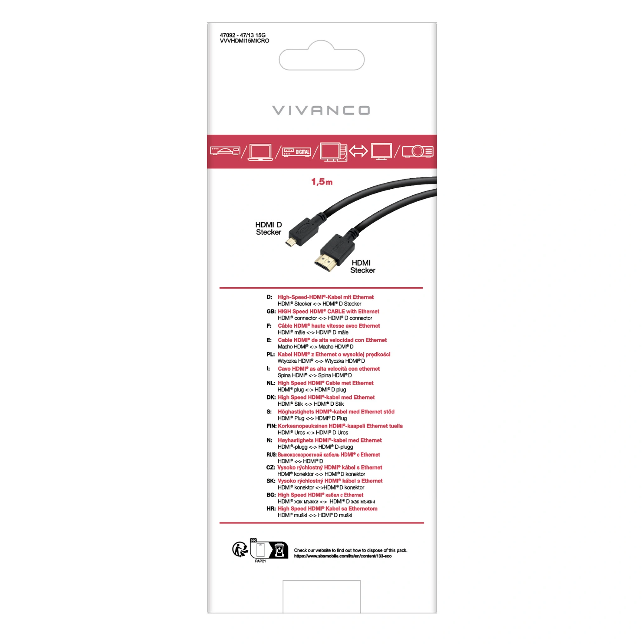 Vivanco Premium High Speed HDMI-kabel med Ethernet, 1,5 m
