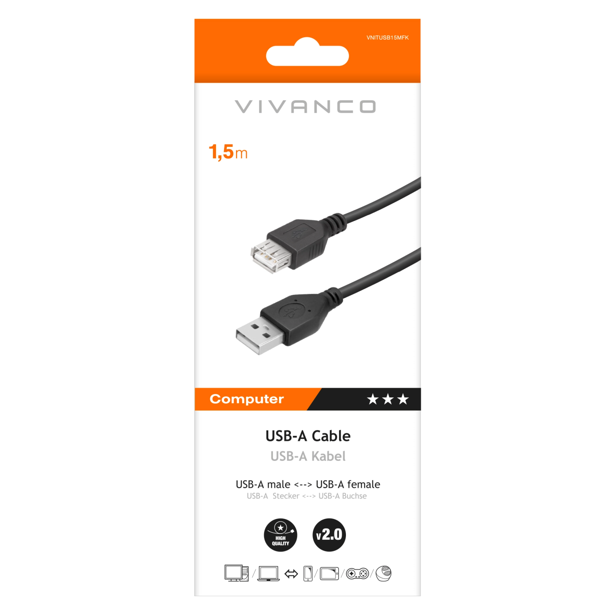 Vivanco højhastigheds USB-A han til hun-kabel til dataoverførsel og opladning. Sort