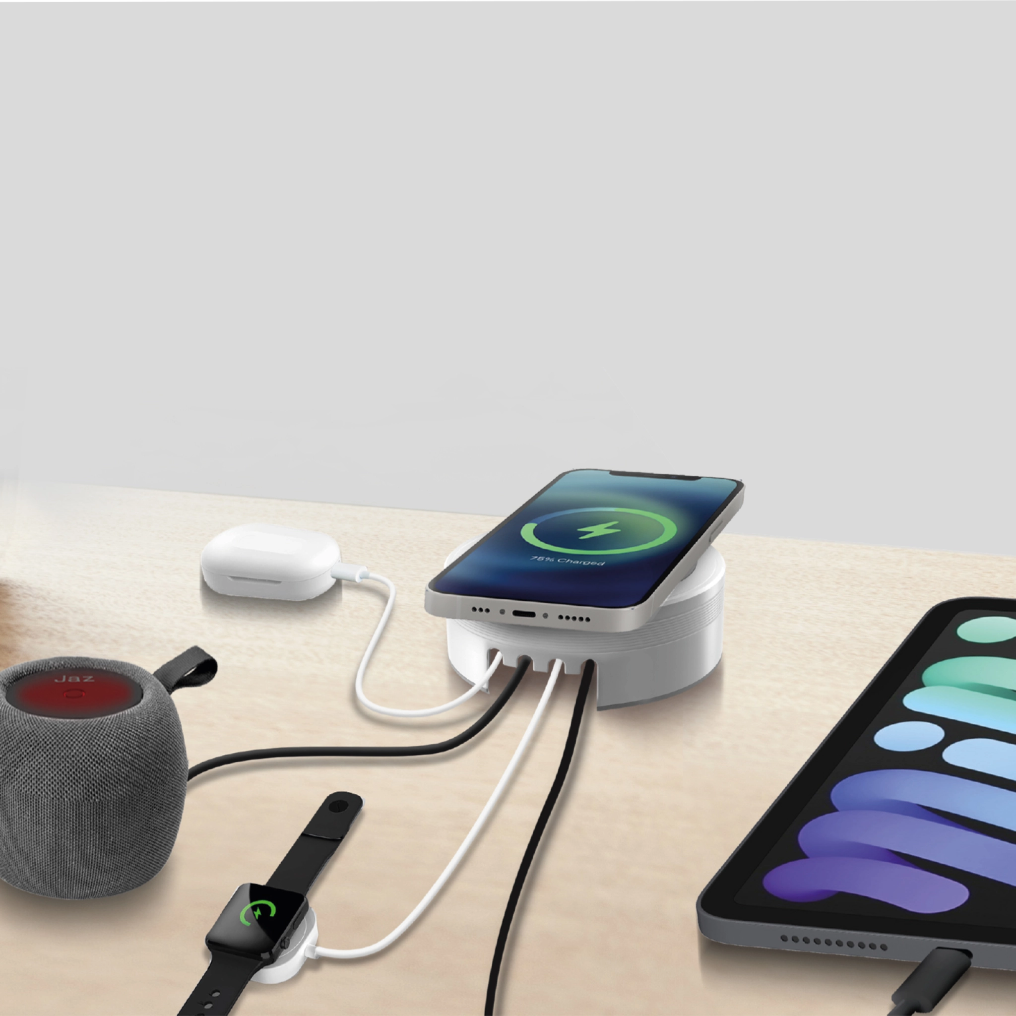 SBS Charging station with 2 USB-A ports, 2 USB-C ports and wireless charger. White