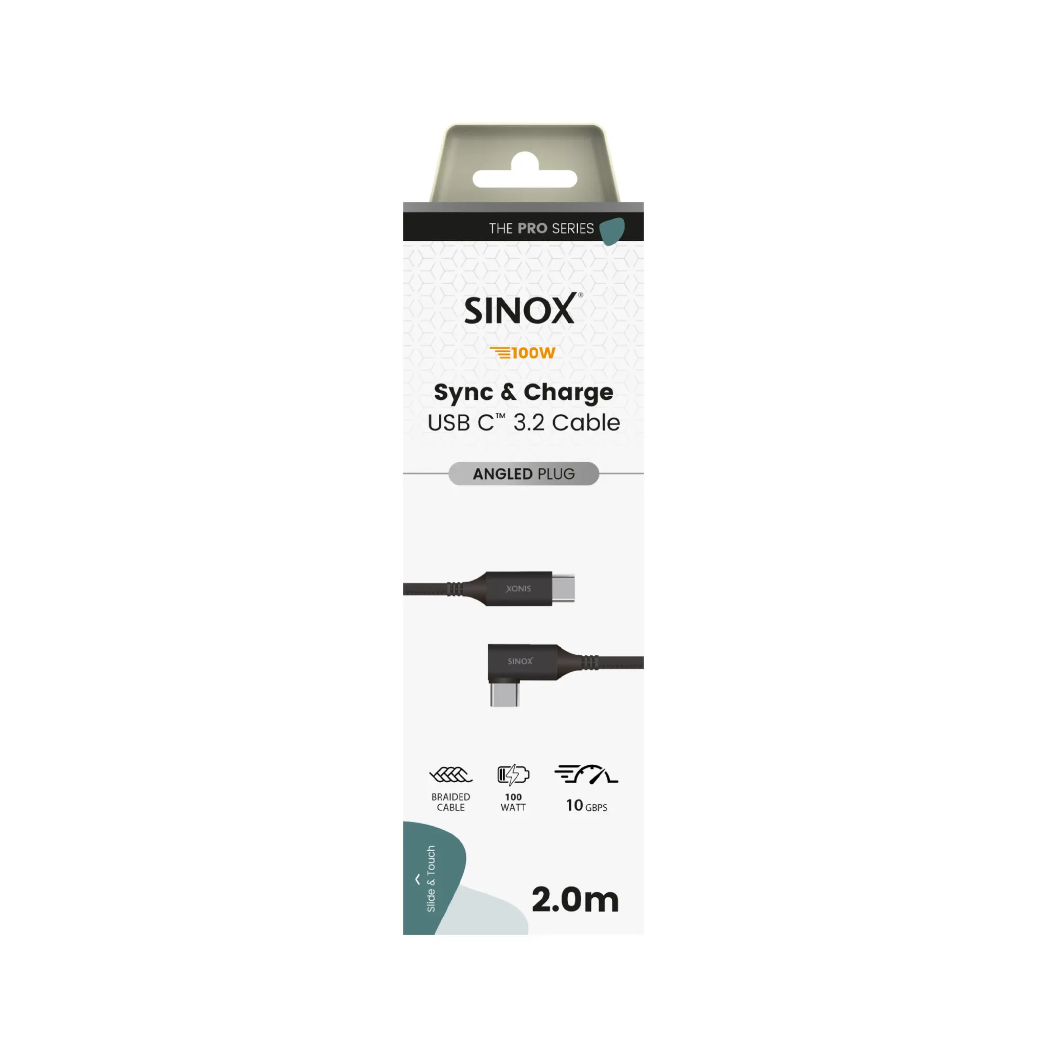 Sinox PRO USB C 3.2 Gen 2 Angled Cable. 2m. Black