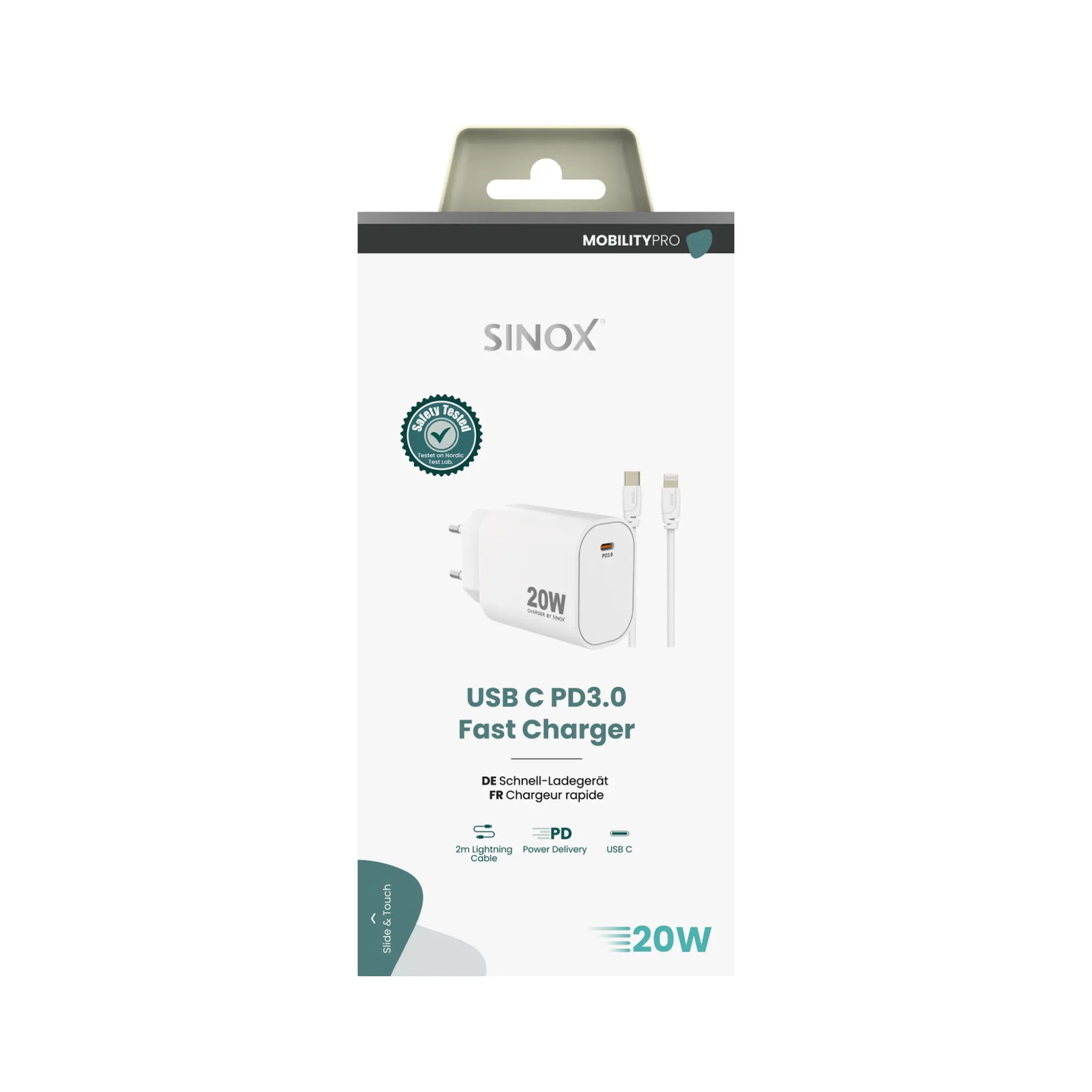 Sinox PRO Wall Charger USB-C PD 20W w/Lightning Cable. White