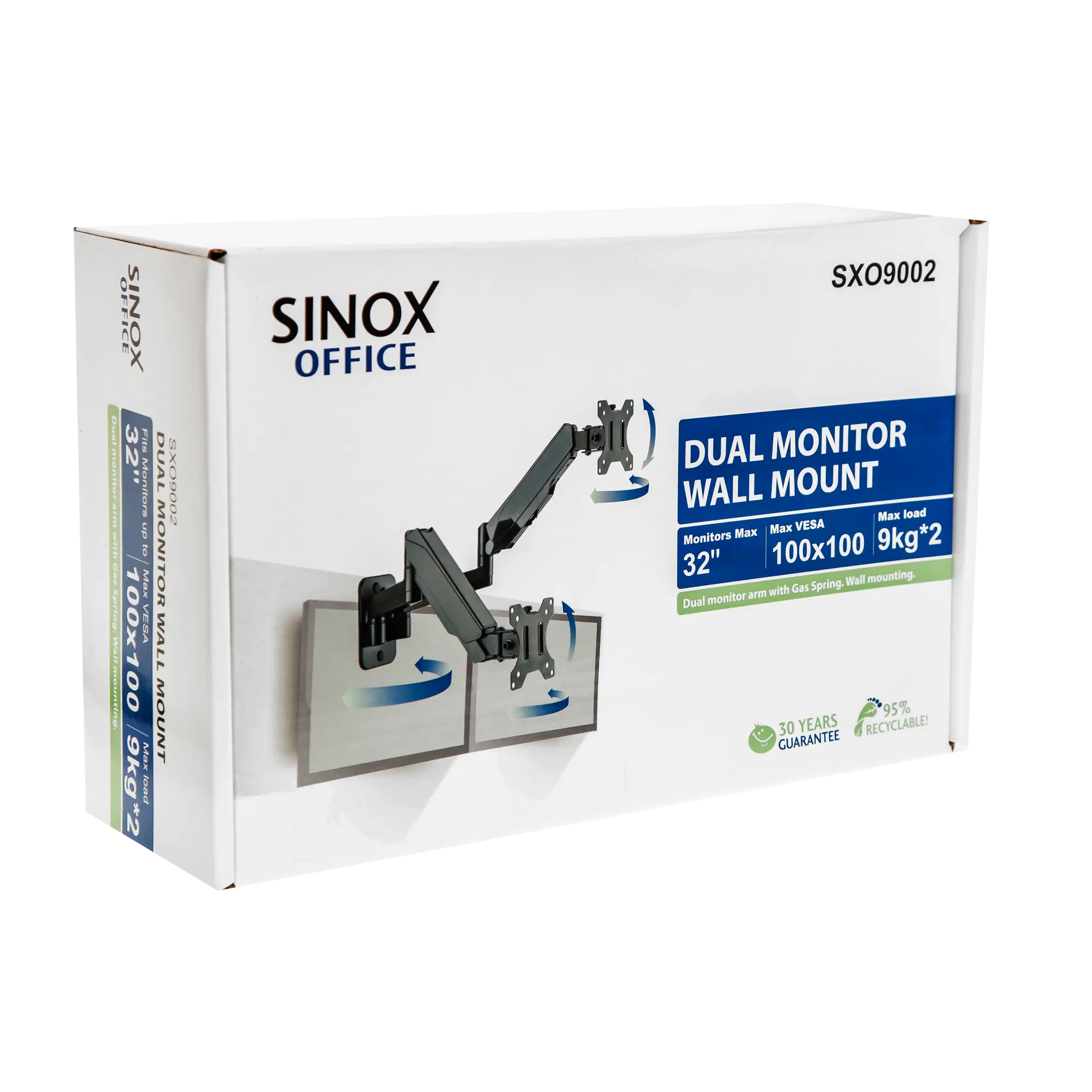 Sinox Office Dual Monitor Wall Mount with Gas Spring. Up to 32". Black