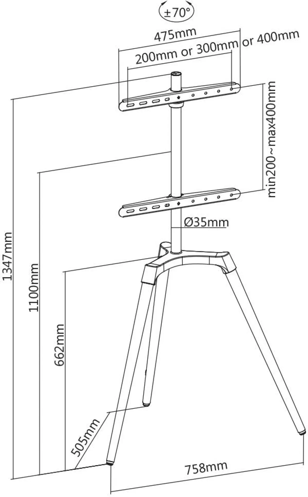 Tripod TV Floor Stand. 42"-65". Black & Beech