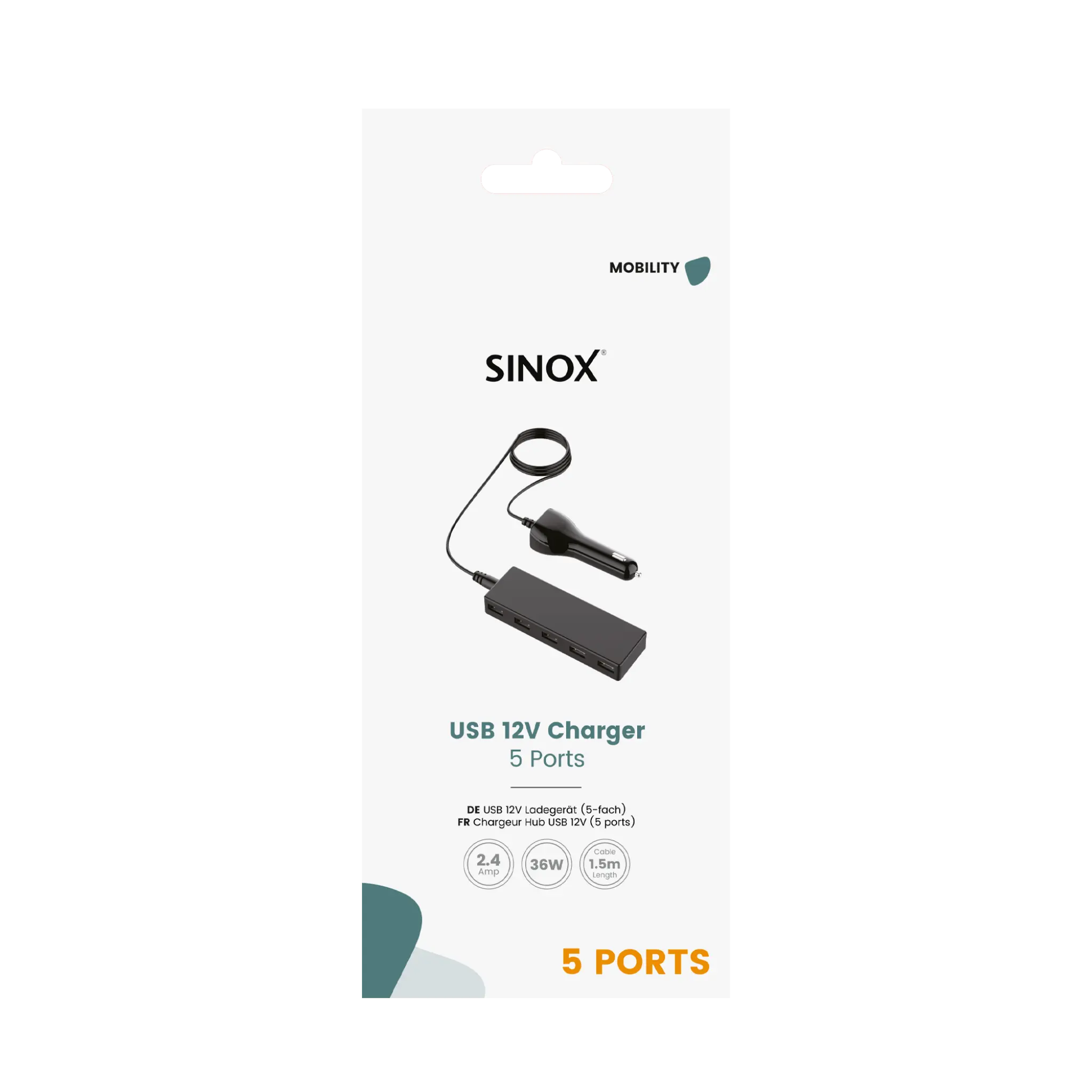 Sinox 12V USB A Car Charger. 7.2A. 1.5m. Black