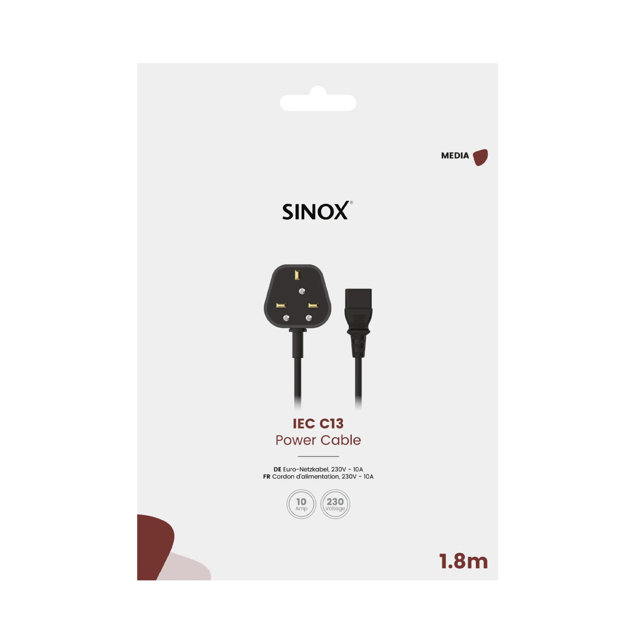 Sinox 3-pin power cable with UK plug. 1.8m. Black