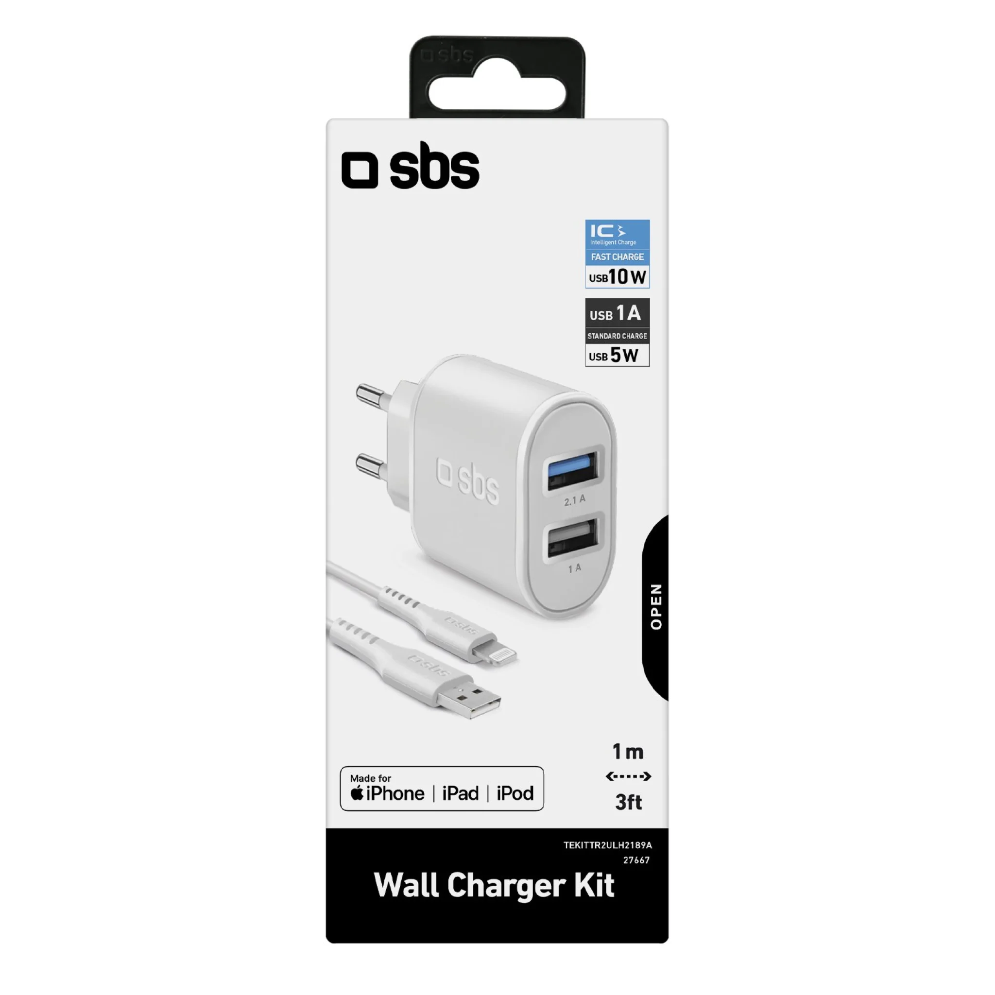 SBS 10W Charger. 1m MFI Lightning Cable. White