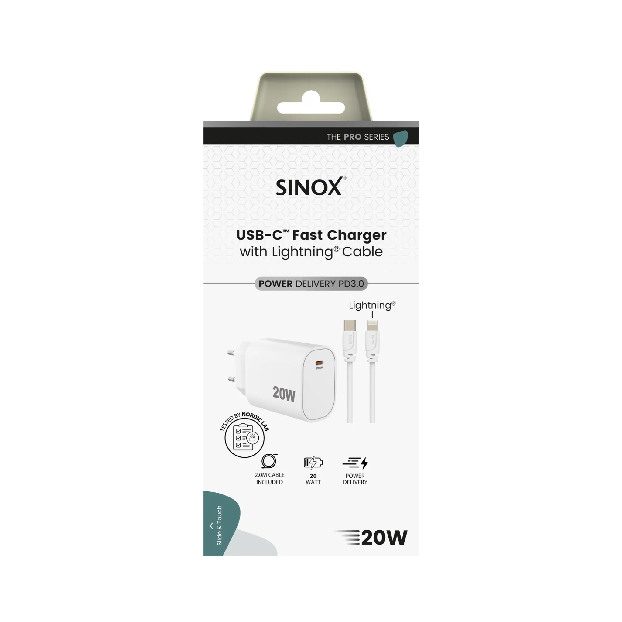 Sinox PRO 230V USB-C PD oplader 20W m/Lightning kabel. Hvid