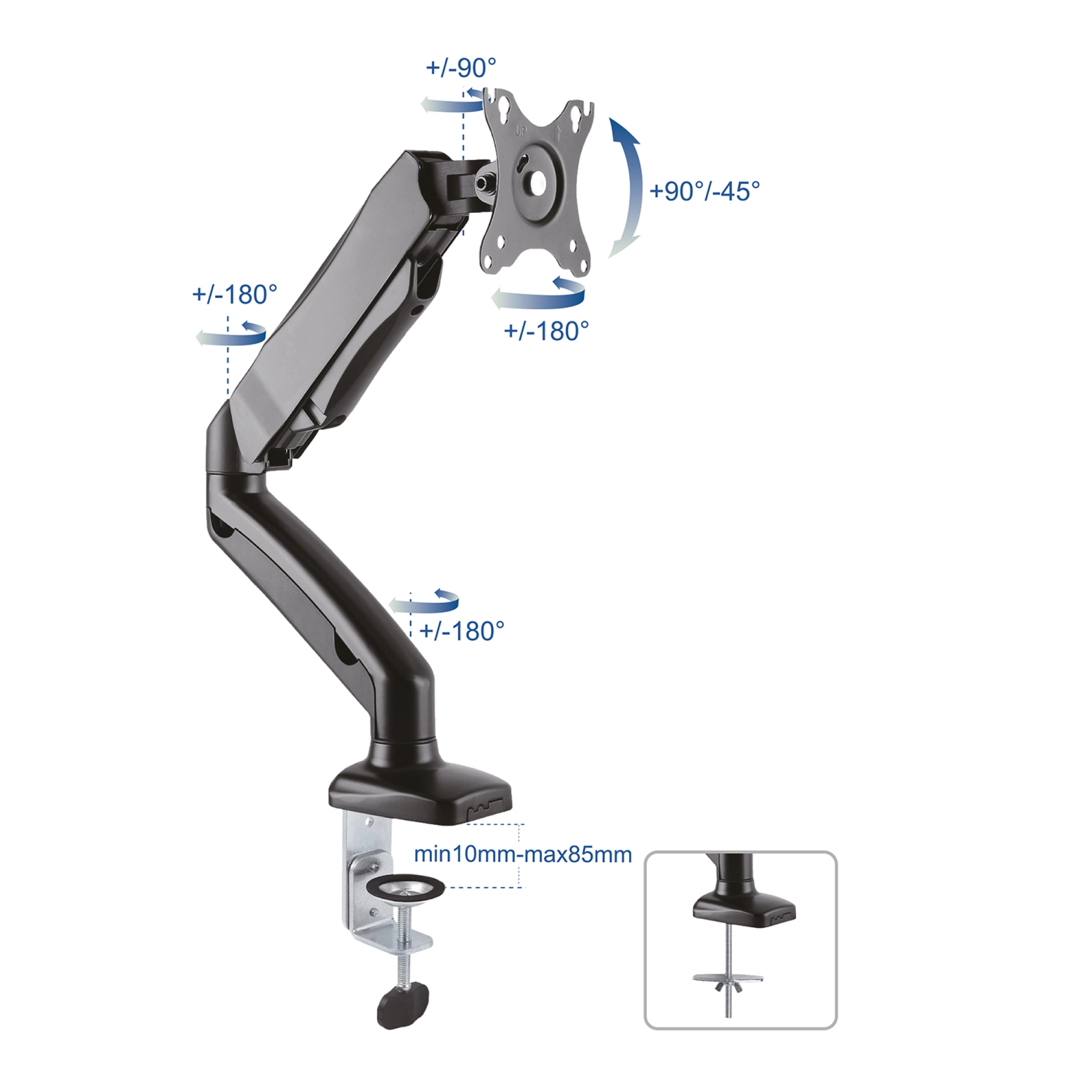 Sinox Office Single Monitor Desk Mount with Gas Spring. Up to 32". Black