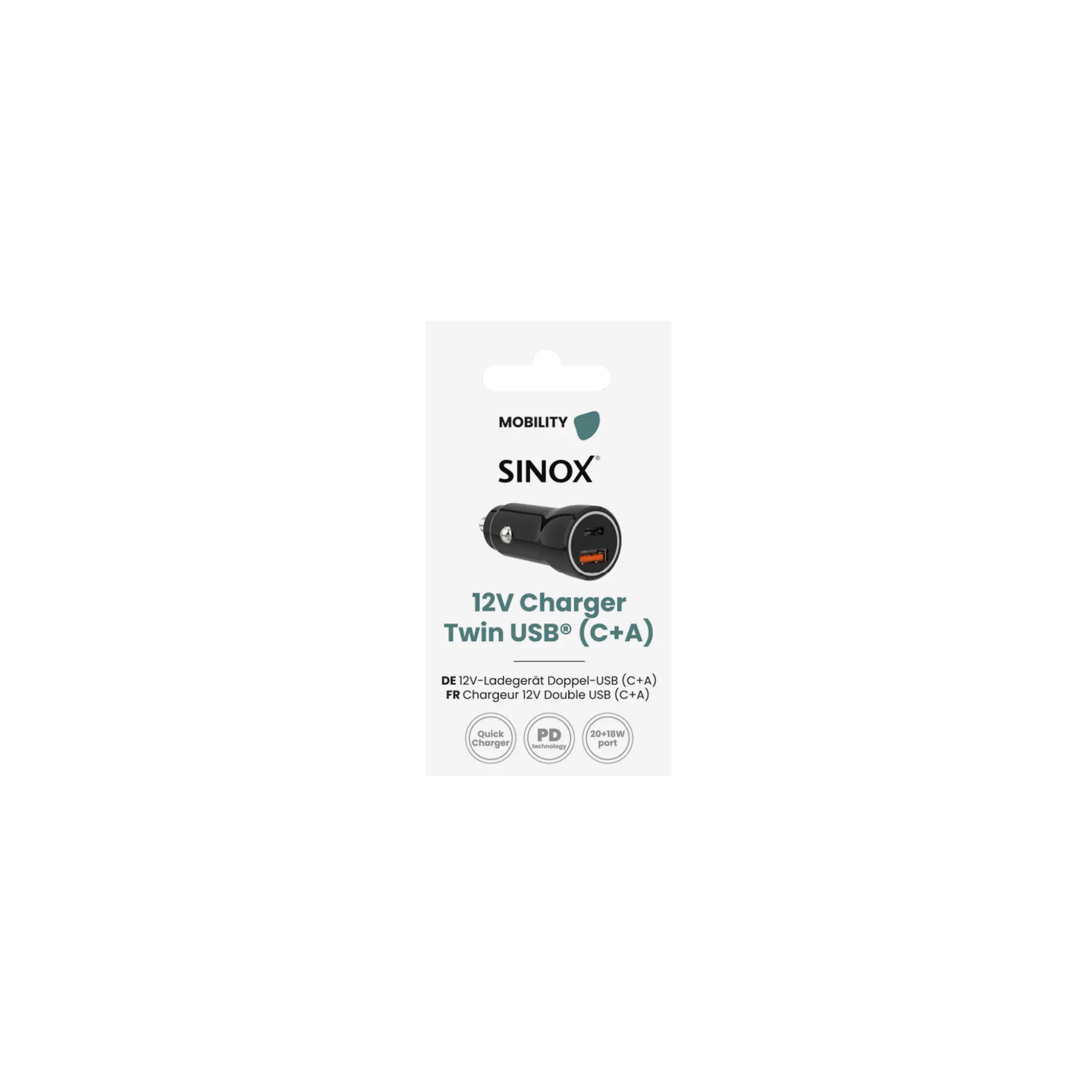 Sinox 12V Double Car Charger. USB A 18W + USB C 20W. Black